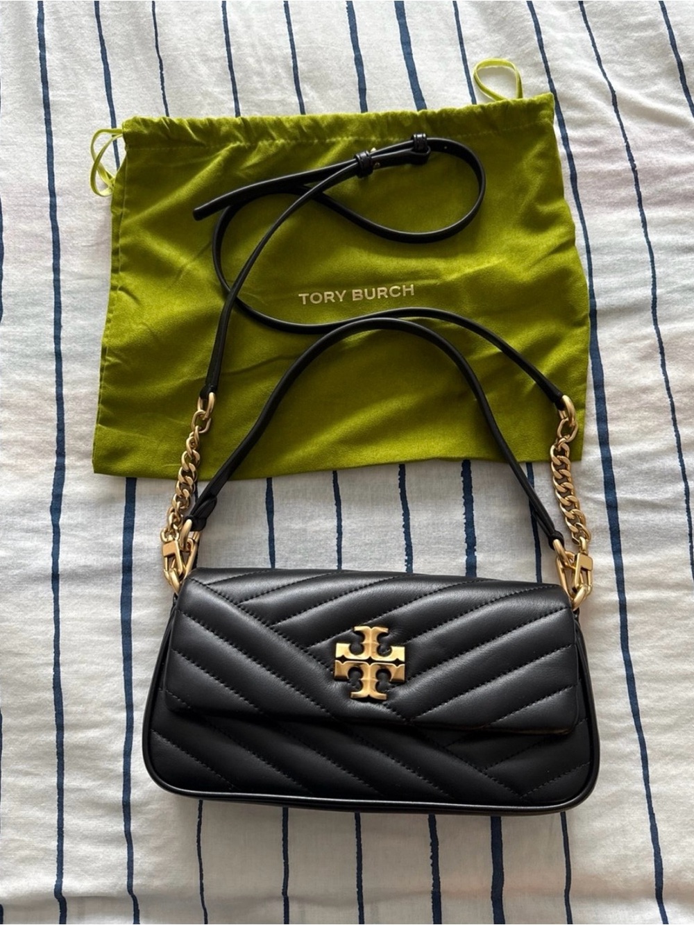 Tory Burch Black Quilted Leather Crossbody with Gold Logo